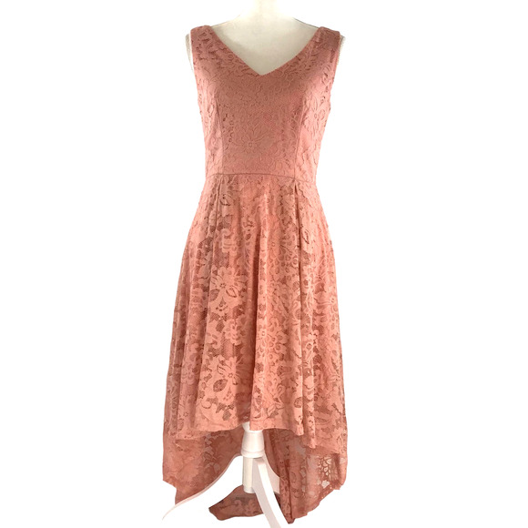 MUADRESS Dresses & Skirts - Muadress Muted Coral V Neck Sleeveless Fit and Flare Hi Low Cocktail Dress Med